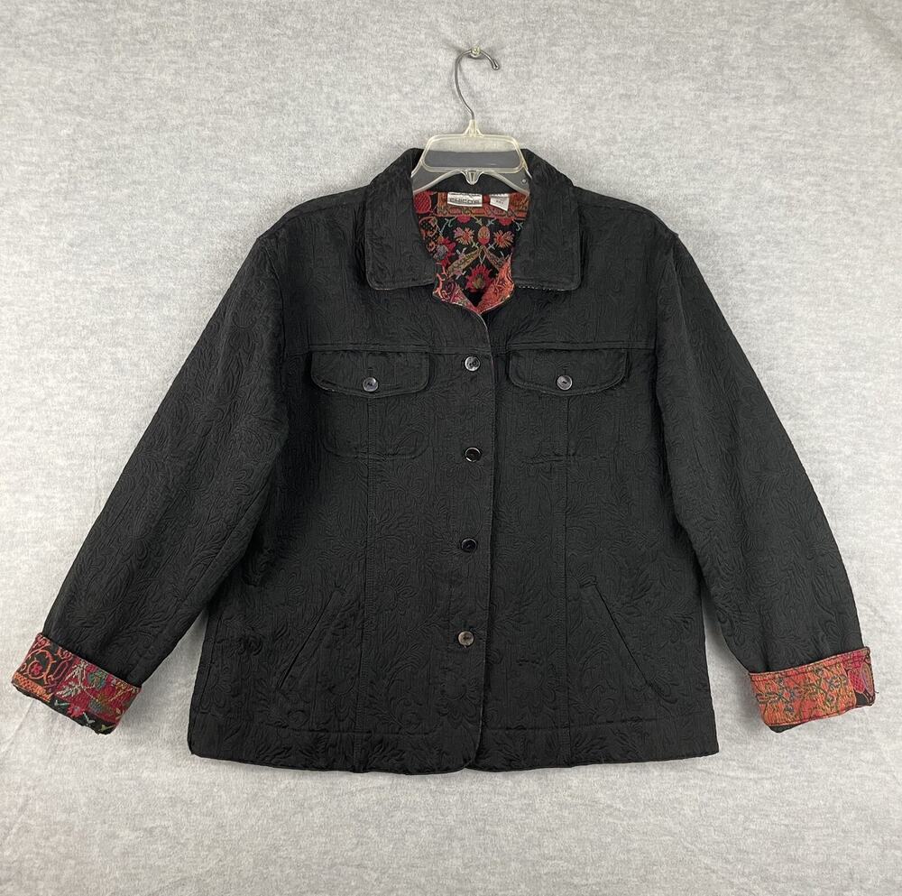 Chico's 2 L Jacket Black Brocade Contrast Tapestry Cuffs Pockets Button Up
